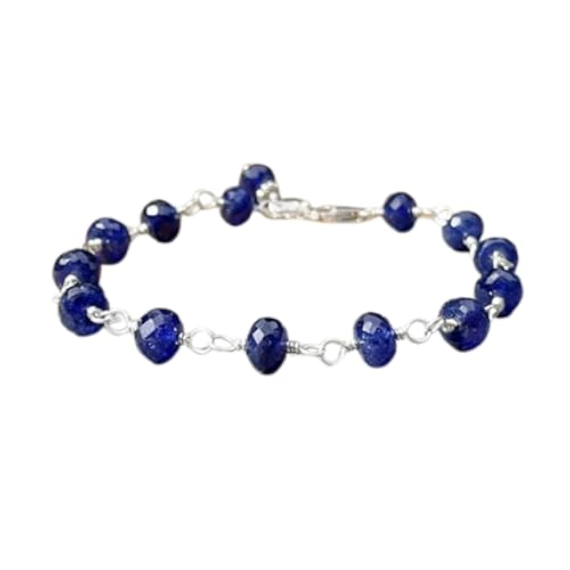 Blue Sapphire 6mm Rondelle Faceted Bead Bracelet, Silver Plated Clasp