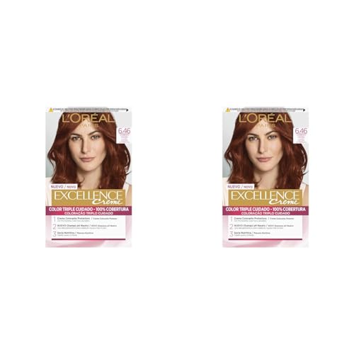 L'Oreal Paris Excellence Creme Tinte, Tono 6.46 Rubio Oscuro Cobrizo Caoba, 1 Unidad (Paquete de 2)