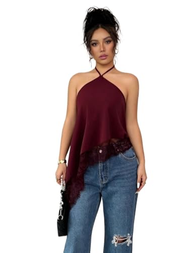 burgundy lace-trim halter camisole top
