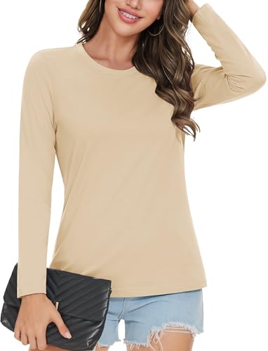 MAGCOMSEN Womens Crewneck Tee Long-Sleeve Classic-fit Breathable Cotton T-Shirt Casual Basic Solid Shirt Tops, Light Apricot, M