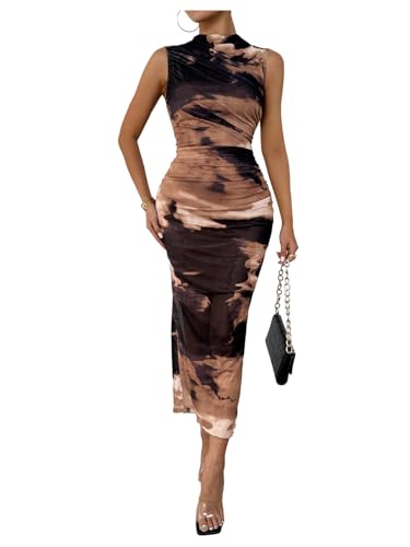 Image of Milumia Women's Printed Mock Neck Bodycon Maxi Dress Sleeveless Mesh Long Dress Party Cocktail