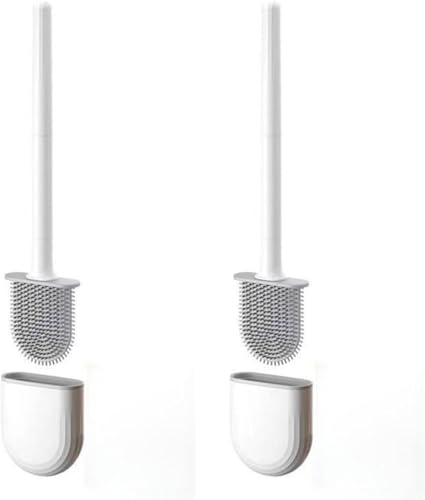 Toilet Brush,Deep Cleaner Silicone Toilet Brushes with No-Slip Long Plastic Handle and Flexible Bristles,Silicone Toilet Brush with Quick Drying Holder Set 2pc