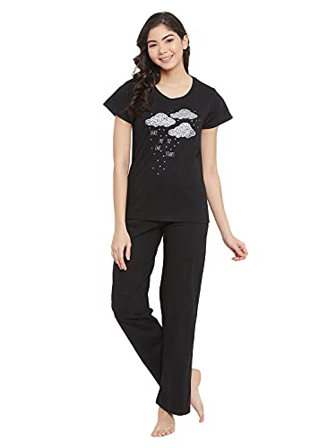 Image of Clovia Women's Cotton Printed Top & Solid Pyjama Set - Black