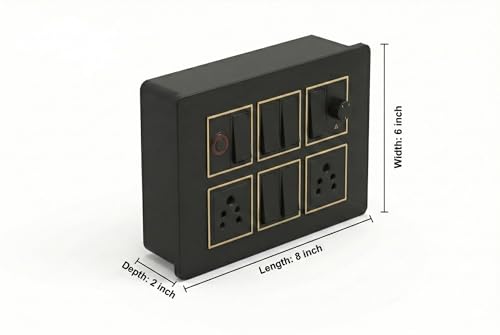 Image of Wall Board with 6 Switches, 1 Fan Regulator, 2 x 5A Sockets and 1 Indicator, Black with Gold Trim, 8x6x2 Inch
