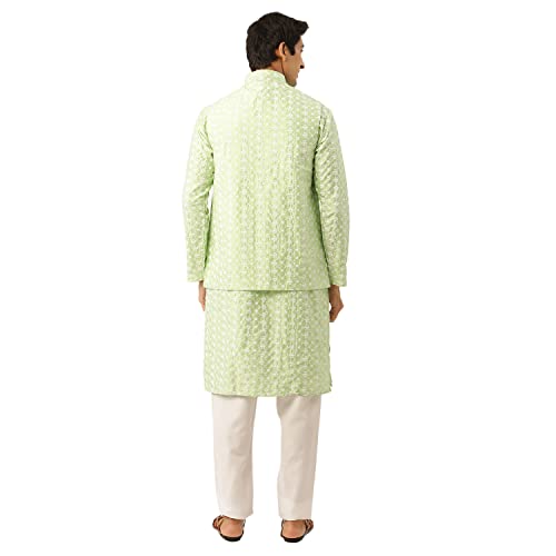 Image of SOJANYA (Since 1958 Men's Silk Blend Light Green Kurta & Nehrujacket with White Pyjama Combo
