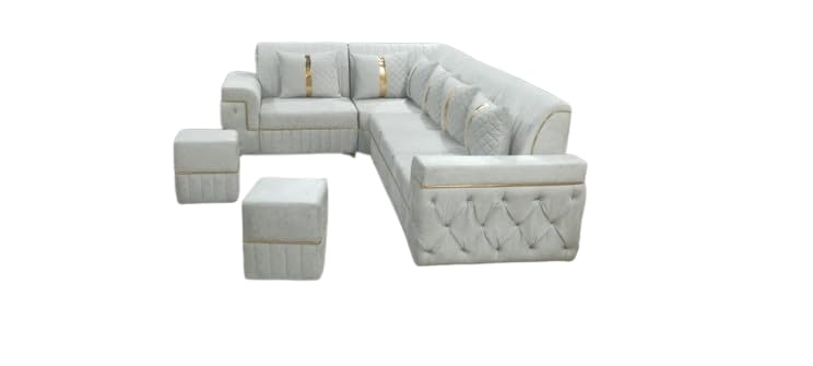 L-Shape Sofa Set with Coffee Table and Ottomans, Cream Fabric Upholstery, Gold Metal Legs, Living Room Sectional-image-20