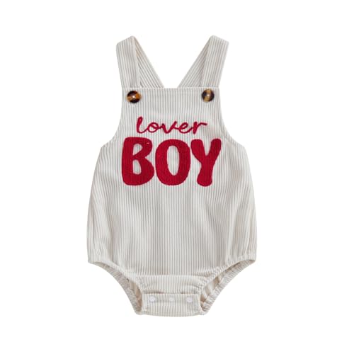 SAYOO Newborn Boy Valentines Clothes Lover Boy Letter Embroidery Romper Bodysuit Corduroy Backless Overalls Infant Clothes (Beige 3-6 Months)