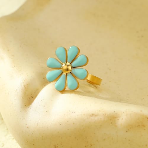 Enamel Daisy Flower Statement Ring for Women Stainless Steel Cute Expandable Adjustable Sunflower Floral Open Finger Rings Wedding Engagement Promise Bands Fashion Birthday Jewelry Gifts Mother's Day3