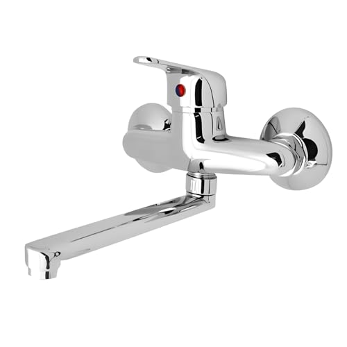 EM Miscelatore Rubinetto a Muro Monocomando Acqua Calda e Fredda Cromo Lucido per Lavandino Cucina e Lavatoio in Ottone