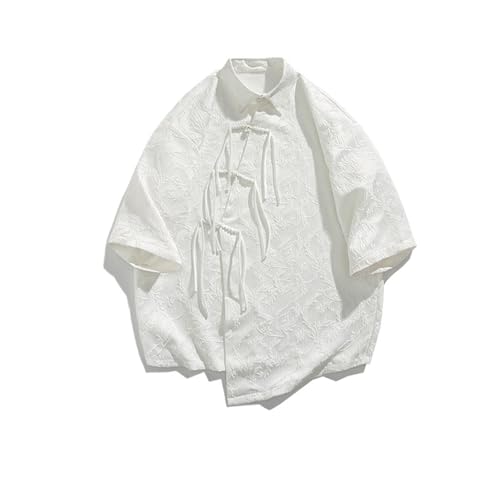 Chinese Style Shirts For Man Tang Dress Hanfu Half-Sleeve Shirt Male Wheat Jacquard Kung Fu Outfit Loose Black White Casual Tops(White,M)
