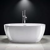 Product Image of the 59" Acrylic Freestanding Bathtub, Double-Walled Insulated Soaking Tub with 17.3" Ergonomic Deep Design, Glossy White, Integrated Chrome Drain & Overflow, cUPC Certified Stand Alone Tub, Curved White