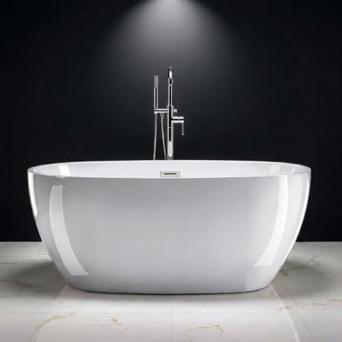 Product Image of the 59" Acrylic Freestanding Bathtub, Double-Walled Insulated Soaking Tub with 17.3" Ergonomic Deep Design, Glossy White, Integrated Chrome Drain & Overflow, cUPC Certified Stand Alone Tub, Curved White