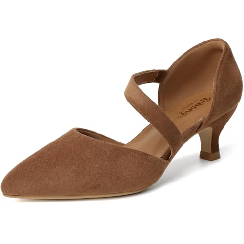 Image of RIBONGZ Kitten Heels for Women Closed Toe Comfortable Low Heels Pointed Toe Sexy Slip on Pumps Bridal Party Dressy Shoes