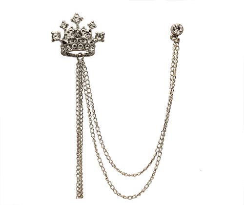 Knighthood Silver Crystal Crown With Hanging Chain Lapel Pin Brooch for Men
