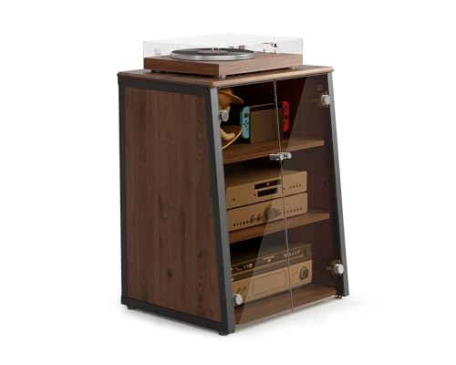 FITUEYES Design 4-Tier Media Stand with Brown Glass...