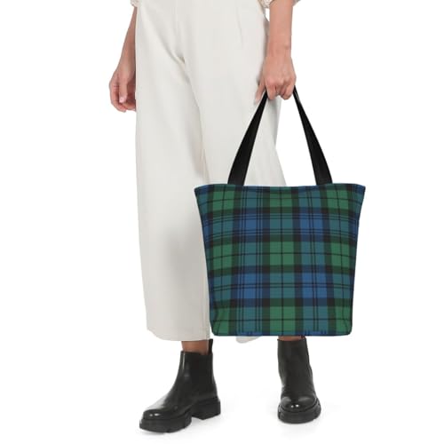 Scottish Plaid Clan Campbell Green Blue Tartan Reusable Zippered Shoulder Bag, Stylish Polyester Tote With Wide Handle & Inner Pocket, Lightweight Durable Shopping & Travel Bag4