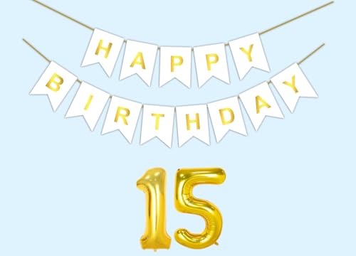 Image of 15th Happy Birthday Decoration Kit White for 15 year Old Boys Girls Teenage with Number Fifteen Party Decorations Decor Celebration Items Item Set Combo Reusable Paper Banner