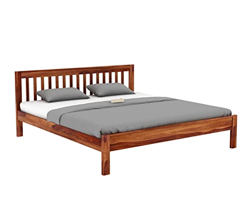 Image of Sheesham Wood Queen Size Bed Without Storage | Wooden Double Bed Cot Palang Furniture for Bedroom Living Room Home (Honey Finish)