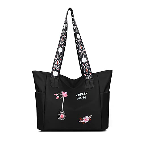 Ray-Velocity Bolso Bandolera Mujer Bolsos Totes de Gran Capacidad con Patrón de Bordado Bolso Shopper Mujer Elegante para Adquisitivo Viaje Todos Los Días (Negro) Cover