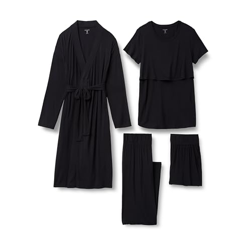 Amazon Essentials Conjunto de Pijama de Maternidad y Lactancia de Modal Suave, 4 Piezas Mujer, Negro, M