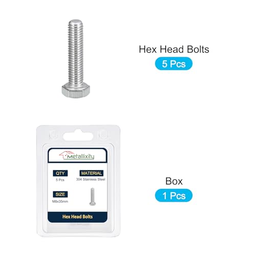 Image of METALLIXITY Hex Bolts (M8-1.25x35mm) 5Pcs, 304 Stainless Steel Coarse Fully Threaded Hex Head Screw Bolt Machine Screws - for Furniture Repair, Silver