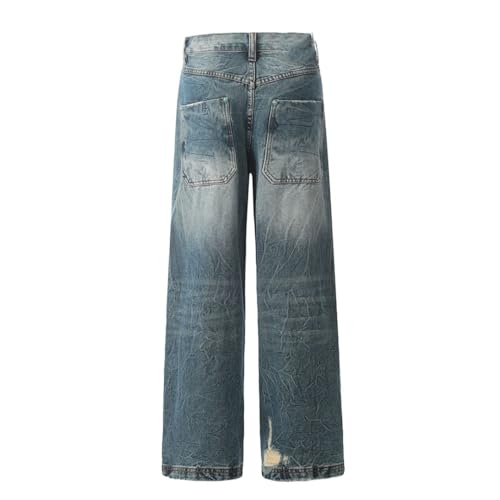 Men’S Straight Leg Washed Denim Jeans with Zipper Fly Low Waist Regular Fit Hip Hop Trousers4