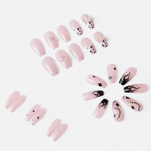 Image of Secret Lives Glossy 3D Artificial Nails with Bow - Black & White French Tip Flame Design Press-On Nails 24 Piece Set with Kit