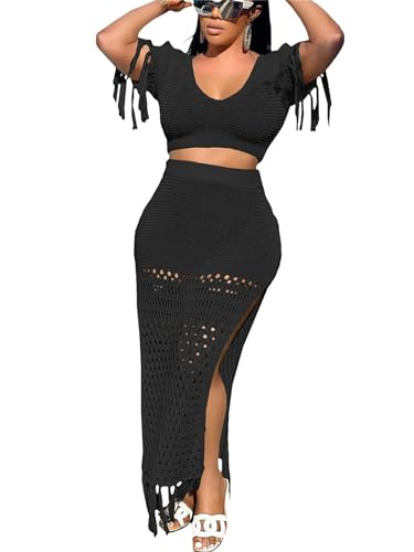Image of CALEBGAR 2 Piece Outfits for Women Sexy Crochet Tassel Split Midi Dress Summer V Neck Knitted Hollow Crop Tops Y2K Streetwear
