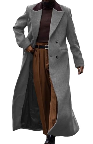 Image of Man's Double Breasted Full Length Trench Coat Casual Corduroy Collar Long Jacket Peacoat Wool Blend Winter