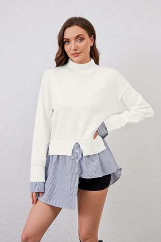 Image of HOCANDY Women Split Turtleneck Sweater 2 in 1 Button Down Patchwork Peplum Blouse Sweaters Asymmetrical Pullover Knit Sweater White