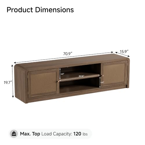 70" Rattan TV Stand, TV Console for TVs Up to 80", Walnut - Image 2