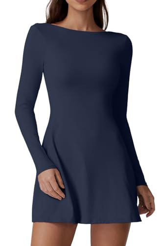 QINSEN Women's Open Back Tennis Dress Long Sleeve Built in Shorts Golf Athletic Dress with Pockets