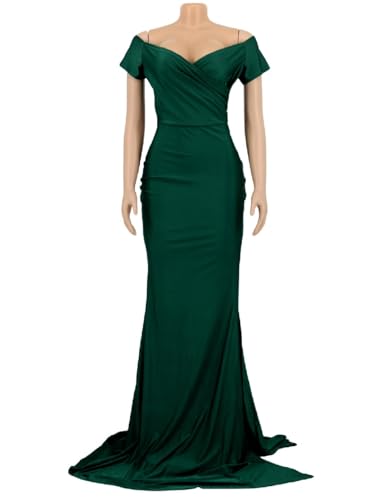 Image of Women's Off Shoulder High Split Long Formal Party Dress, Off Shoulder Maxi Dress Sexy V Neck Short Sleeved Gown Cocktail Mermaid Wedding Dresses (Dark Green, S), Small