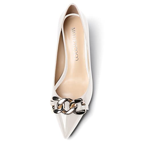 MODENCOCO Women's Fashion Patent Office Solid Slip On Metal Chain Pointed Toe Chunky Low Heel Pumps Shoes 2 Inch3