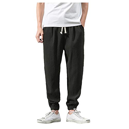 Generisch Schlanke Leinen Herren Hosen Hosen Harem Ankle-Long Baggy Hosen lässige Sporthose 2 Farbige Hose Damen (Black, M)