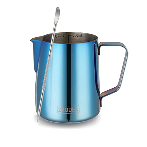 Milk Frothing Pitcher, 12oz Espresso Steaming Pitchers Stainless Steel Cappuccino Coffee Machine Accessories Barista Tools Steam Froth Pitchers Milk Jug Cup with Decorating Pen Latte Art, Blue -  Zroden