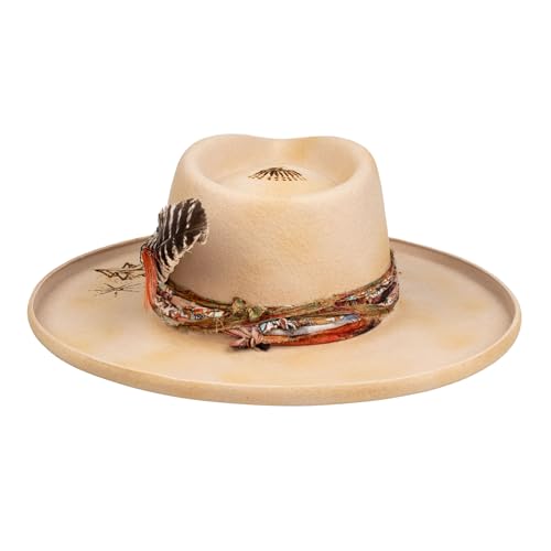 Image of RUEDIGER Vintage Pencil Brim Fedora Hats 100% Wool Felt Hat Panama Rancher Hat with Lightning Logo Handmade Distressed /Burned