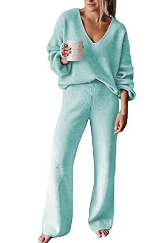 Image of Viottiset Women's 2 Piece Outfits Casual V Neck Knit Wide Leg Sweater Lounge Set Sweatsuit
