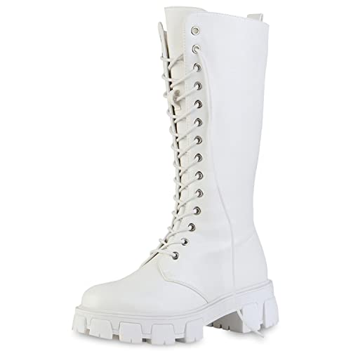 VAN HILL Damen Plateaustiefel Stiefel Blockabsatz Schuhe Plateau Schnürer...