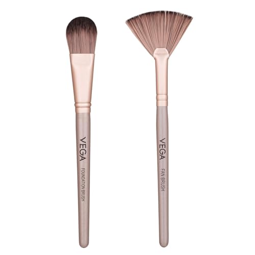 Image of Vega Foundation Brush & Fan Brush | Professional Face Makeup Brushes for Smooth Foundation Application, Blending, Highlighting & Finishing | for Beginners & Experts | for Men & Women