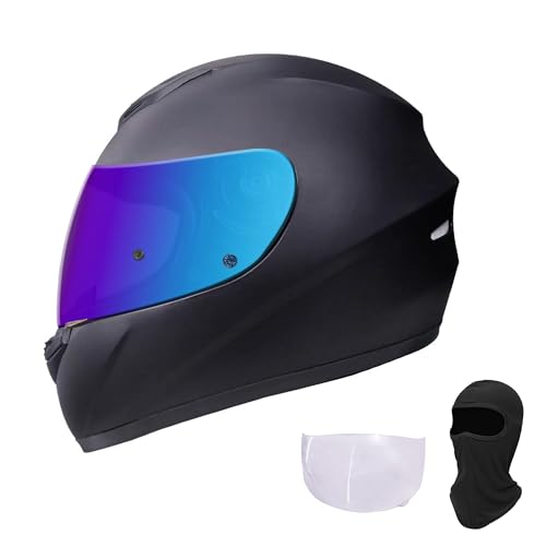 KRN Full Face Motorcycle Motorbike Helmet with Color Visor DOT Approved- Helmet & Balaclava & Clear Visor Matt Black (L)