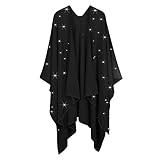 REEMONDE Womens Rhinestones Open Front Poncho Shawl Wrap Cape Ruana Travel Blanket Cardigan (Black)
