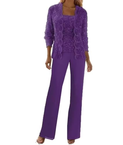 Image of 3 Pieces Chiffon Lace Mother of The Bride Pant Suits with Jackets Sequins Wedding Guest Dresses for Women