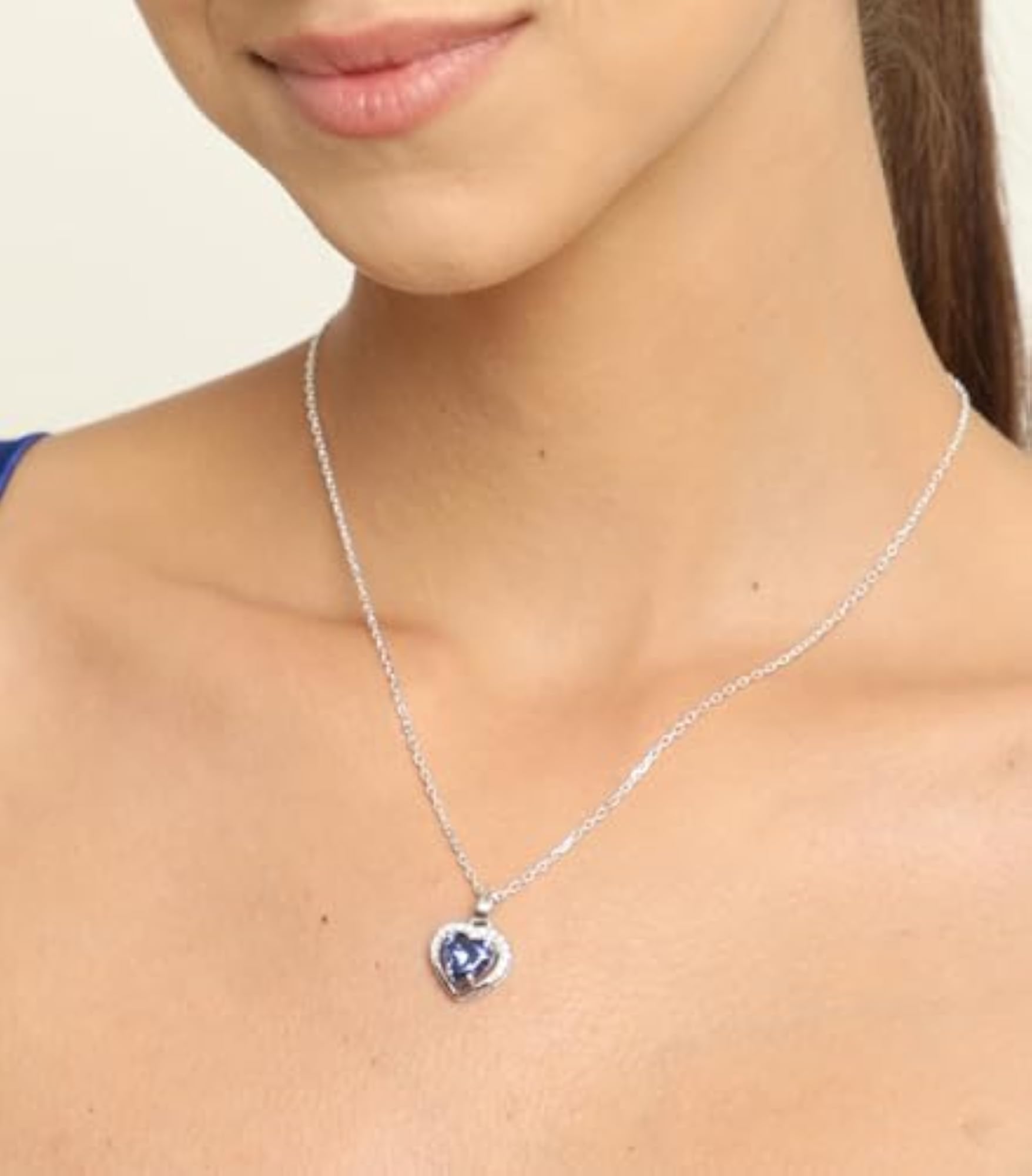Women's 925 Sterling Silver Royal Blue Heart Pendant Earring Chain Set