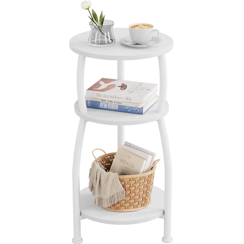 Yuede Small Round Side Table, 3-Tier End Table with Storage Shelf, Slim Sofa Table Coffee Table, Sturdy & Easy Assemble Nightstand for Small Spaces, Living Room Bedroom Corner, White