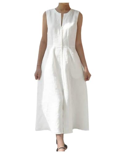 Image of Ladyful Women's Sleeveless Cotton Linen Midi Dress V Neck A Line Tank Dress