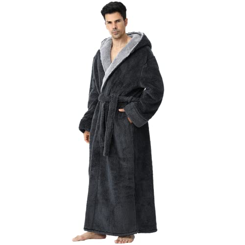 Hellomamma Mens Long Robes With Hood Full Length Hooded Bathrobe Fleece Plush Fluffy Housecoat Nightgown Grey Xx-Large thumb #4