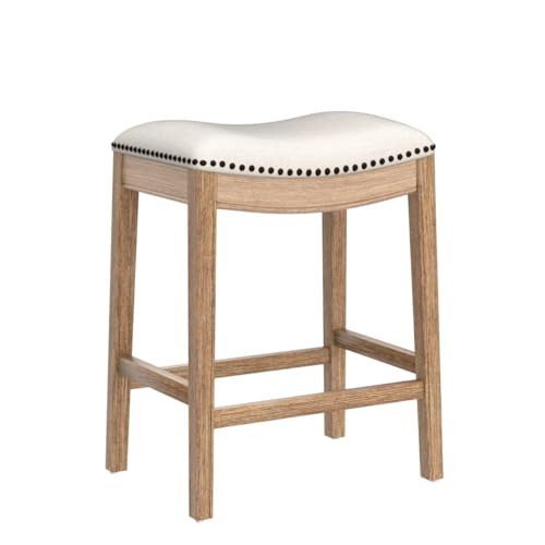 Image of Maven Lane Adrien Backless Counter Stool - Set of 2 - 26 Inches - Saddle Stool with Footrest - Natural Solid Wood Frame & Light Grey Fabric Upholstery - Perfect for Kitchen Islands & Counters