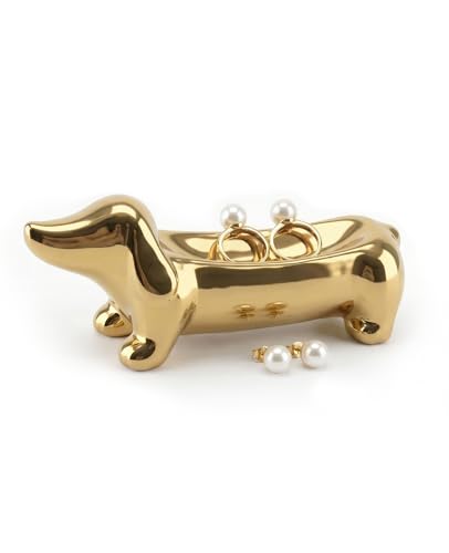 Geyynow Dachshund Ring Holder Gold Ceramic Weiner Dog Trinket Tray for Women
