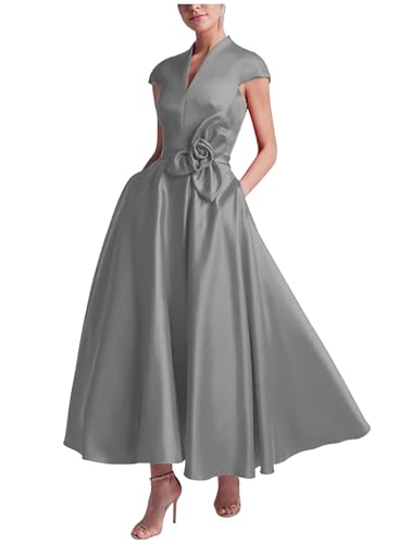 Gray Tea Length Elegant Wedding Guest Dress for Women Cap Sleeves Satin V Neck Mother of The Groom Dresses Midi A Line Mother of The Bride Gowns US12